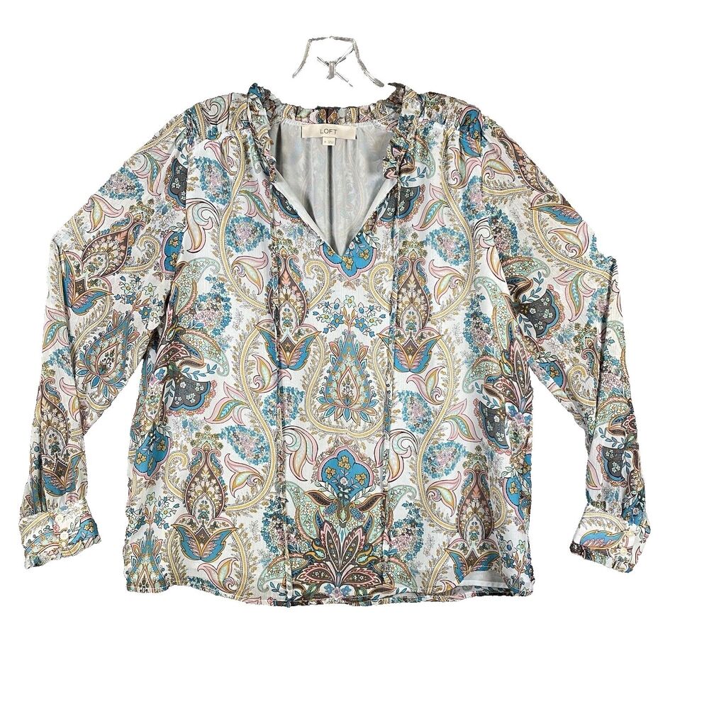Loft Women's Blouse Top Long Sleeve Blue Paisley Polyester Tie Neck Ruffle Sz M